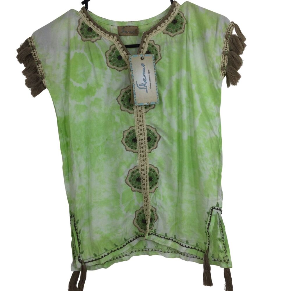 Skemo Girls Kid Tie Dye Boho Beaded Embroidered Mandala Short Kaftan Apple L NWT